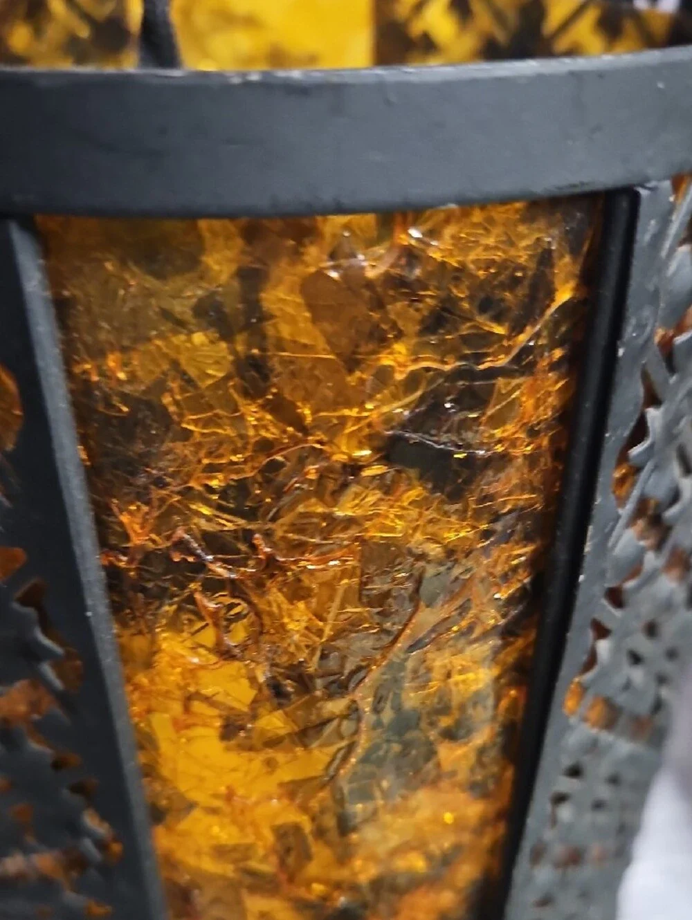 Vintage 1970s Spanish Revival Wrought Iron & Amber Acrylic Pendant Swag Lamps